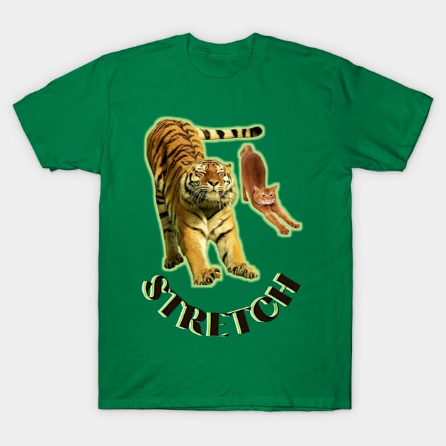 Stretch exercise by a tiger and a cat - black text T-Shirt by Blue Butterfly Designs 